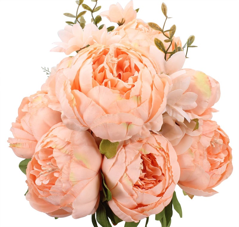 Duovlo باقة Duovlo Springs Flowers من الحرير الاصطناعي الفاوانيا لتزيين المنزل والزفاف حزمة من 1 (برتقالي-وردي ربيعي) - Image 1